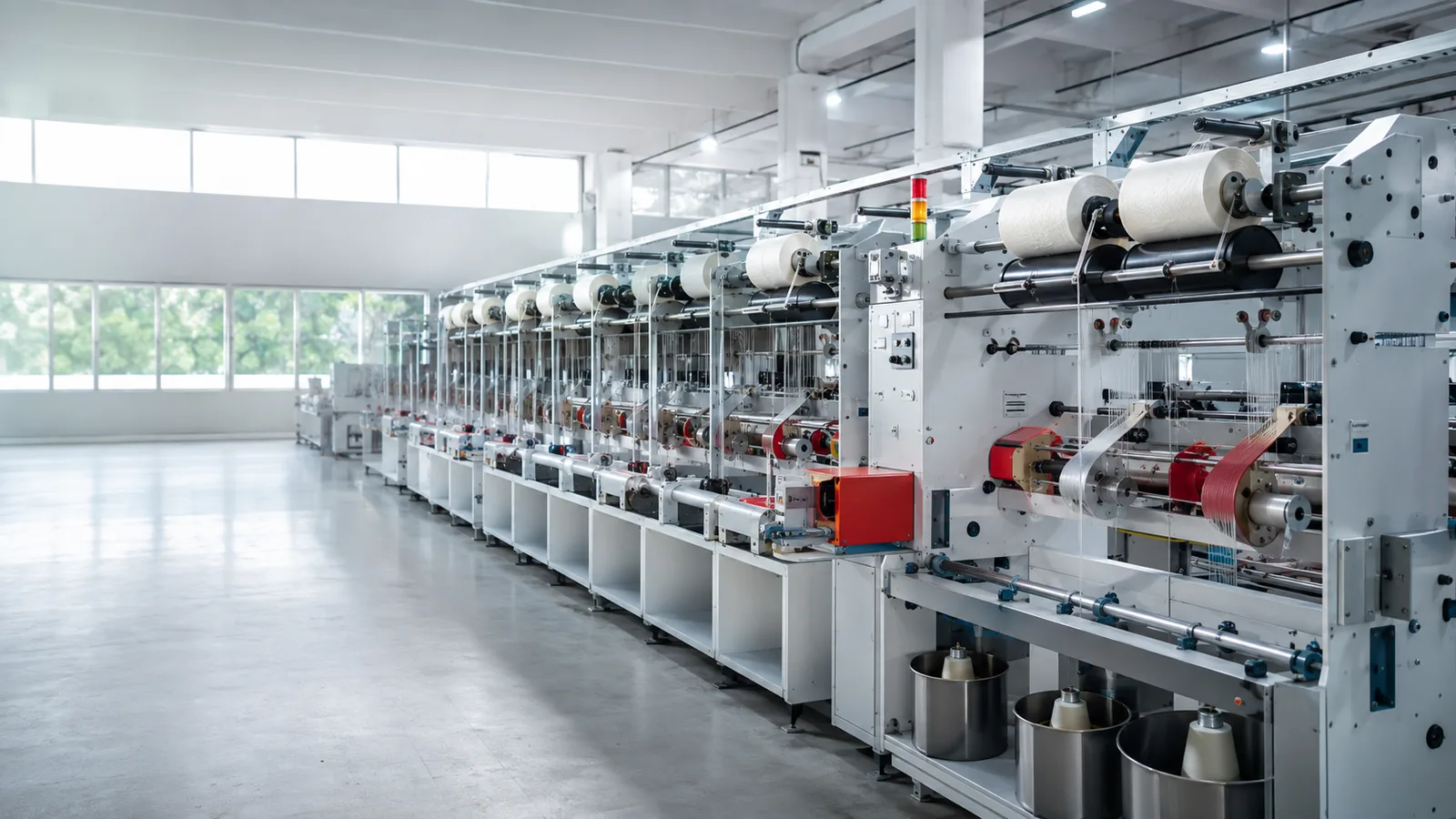 Filament Bobbin Detail Real production line — winding floor with UHMWPE yarn creels